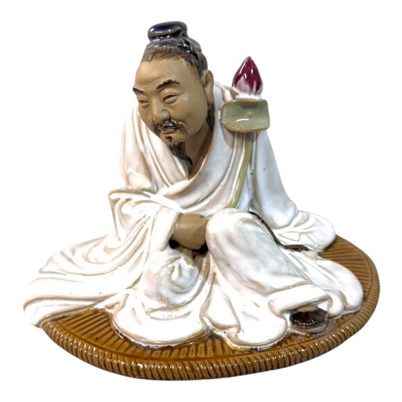 Shiwan Chinese Mudman Lotus Flower White Robe Porcelain Figurine Zhou Dunyi Poet - Picture 1 of 8